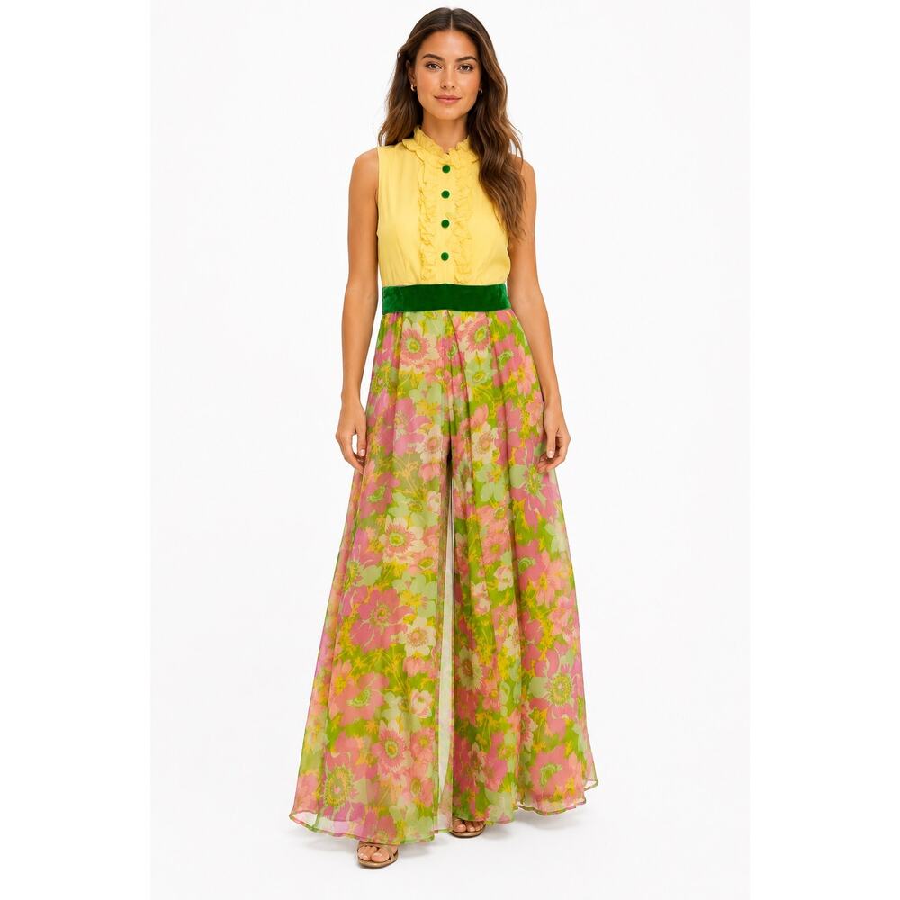 1970s Handmade Floral Palazzo Jumpsuit Dress Illusion Yellow Green XS